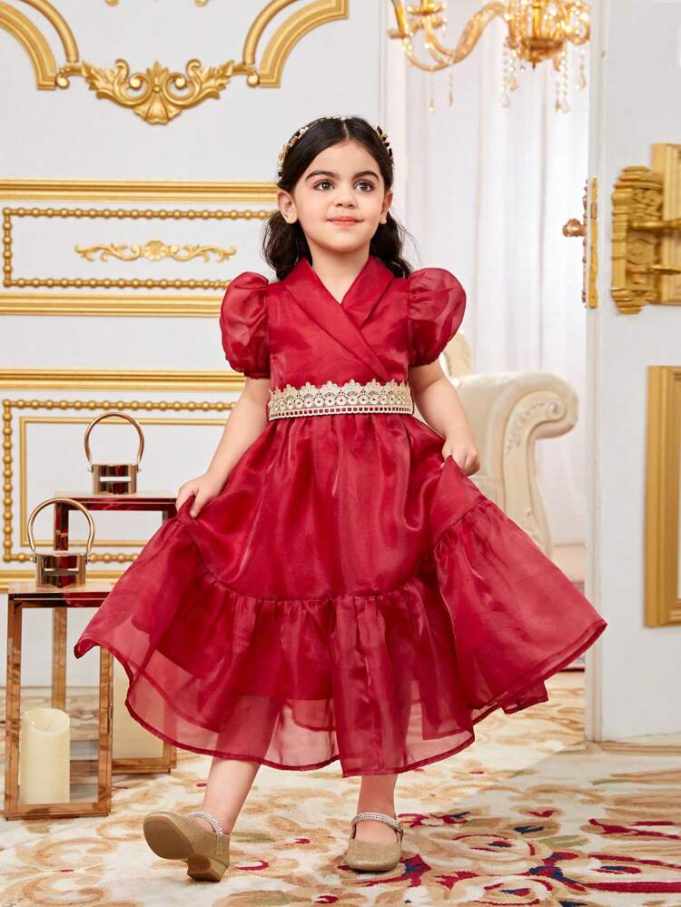 Young Girl Combined Gorgeous Embroidered Puff Sleeve A-Line Dress With Weaved Belt And Organza Collar
