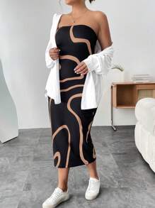 SHEIN Essnce Kích thước lớn Của phụ nữ In Váy kiểu Băng đô - Màu Khaki - Xem 4