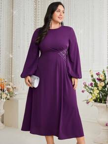 Modelyn Plus Size Rhinestone Decor Pleated Waist Lantern Sleeve Dress Long Evening Dresses - Purple - View 6