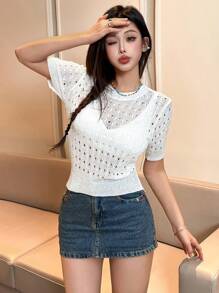 SHEIN Unity Blusa De Manga Corta De Cuello Redondo De Punto Para Mujer - Blanco - Ver 1
