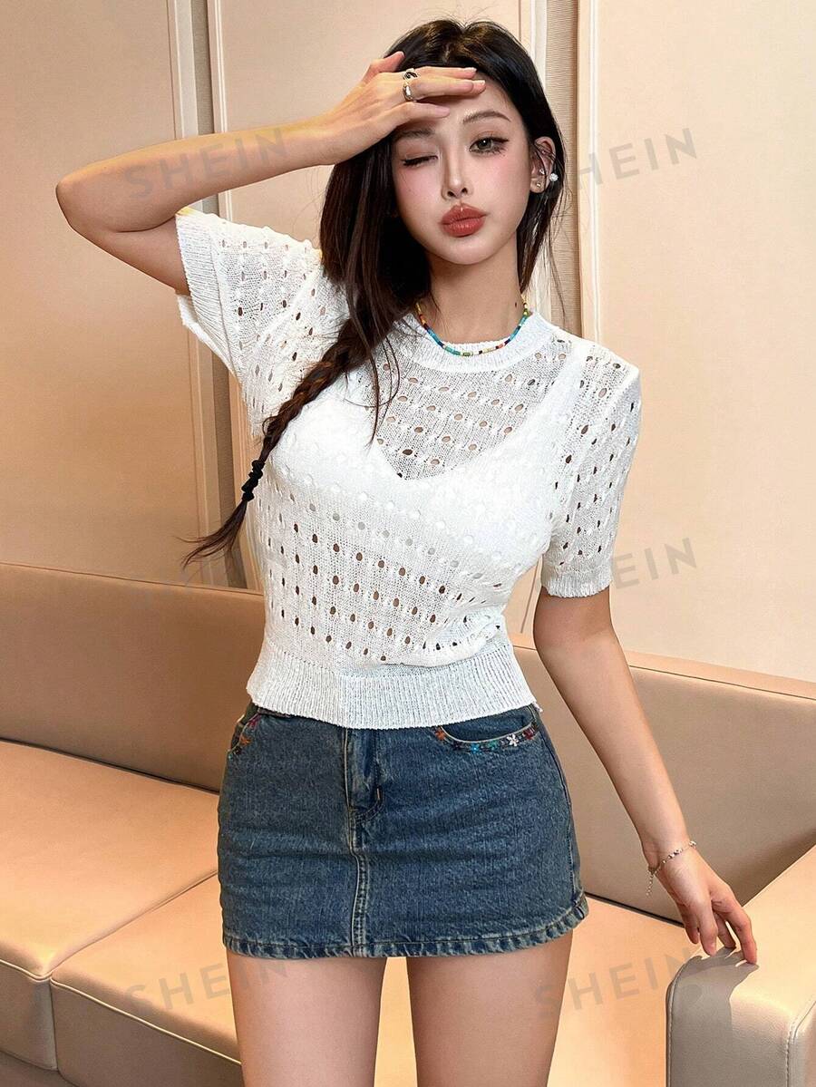 SHEIN Unity Blusa De Manga Corta De Cuello Redondo De Punto Para Mujer - Blanco - Ver 1