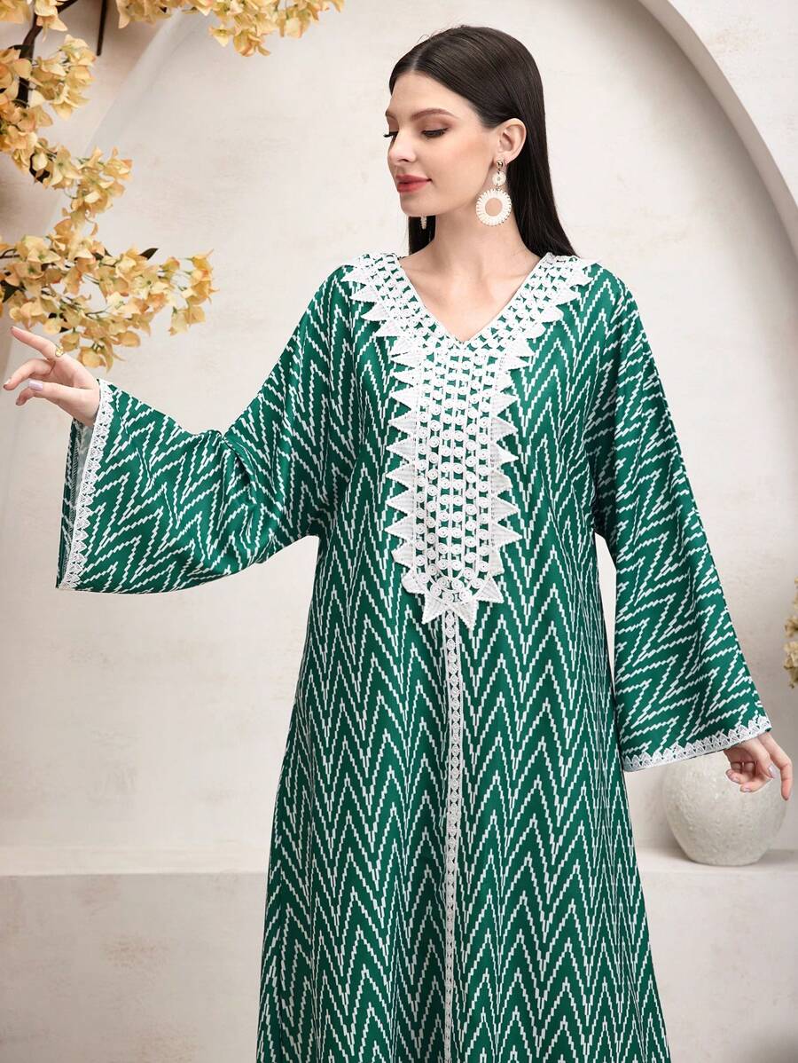 Al Najma Women's Zigzag Pattern Embroidered Turkish Tunic Kaftan Jalabiya Dress - Green - View 1