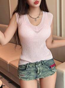 SHEIN Unity 女性實色針織v領上衣 - 粉色 - 查看 5