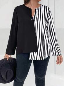 SHEIN LUNE Plus Striped Print Asymmetrical Hem Blouse - Multicolor - View 1