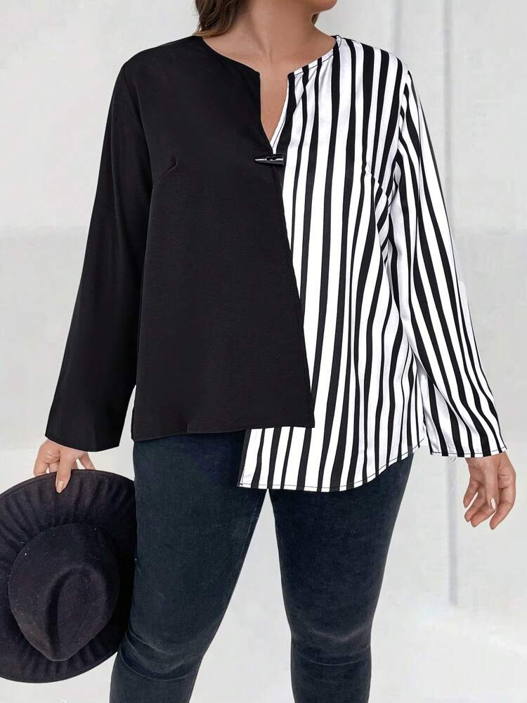 Plus Striped Print Asymmetrical Hem Blouse
