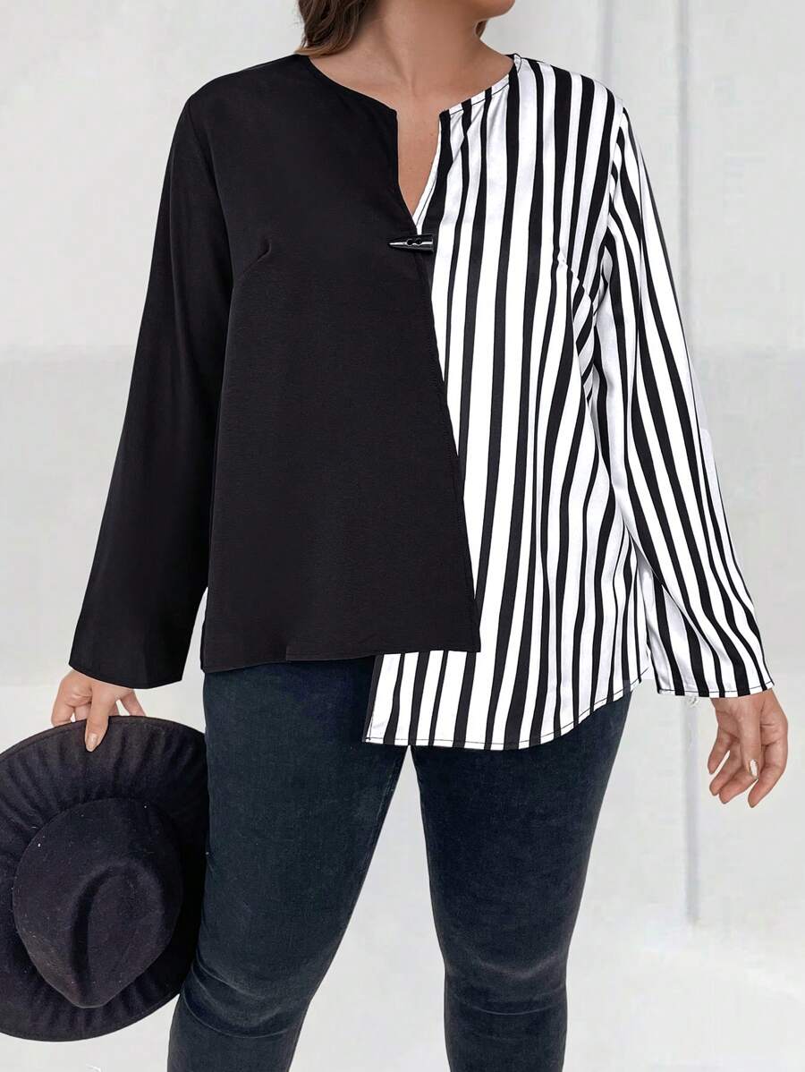 SHEIN LUNE Plus Striped Print Asymmetrical Hem Blouse - Multicolor - View 1