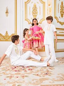 SHEIN Tween Girl Sibling Outfits: Fancy Gold Lace & Mesh Joint Round Neck Short Sleeve Dress