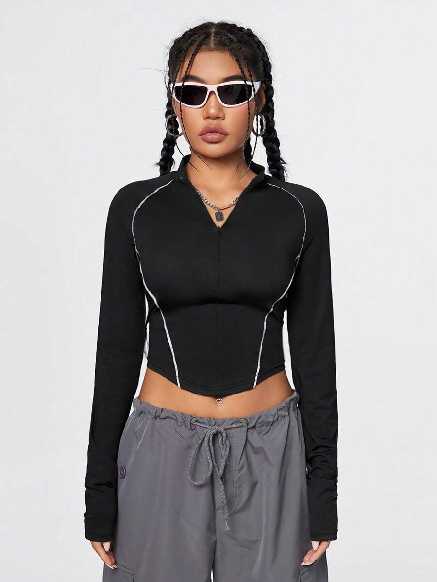 SHEIN Coolane 女士反光條紋長袖t恤 - 黑色 - 查看 1