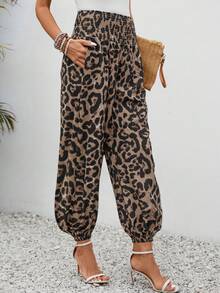 秋季女装裤子休闲沙滩度假下装豹纹宽松裤