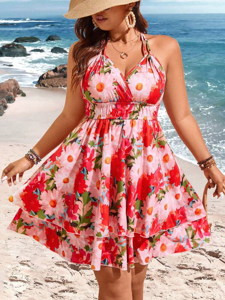Plus Size Women's Floral Printed Spaghetti Strap Halter Neck Dress