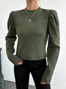 SHEIN Cottnline Women's Stand Collar Leg-Of-Mutton Sleeve T-Shirt - Dark Green - View 4