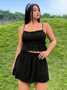 SHEIN Qutie 大码女式黑色吊带背心和短裤两件套 - 黑色 - 查看 2