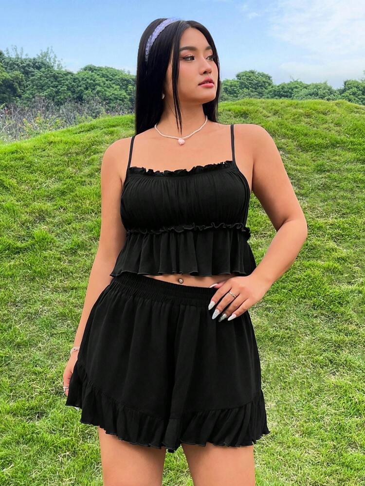 Plus Size Women's Black Cami Top And Shorts Two Pieces Set