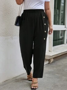 Calvaya Plus Size Solid Color Button Detail Pants Fall Cloth For Women - Black - View 1