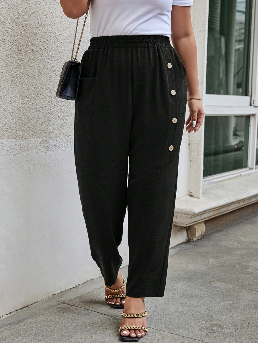 Calvaya Pantalones De Talla Grande De Color Sólido Con Detalles De Botones - Negro - Ver 1