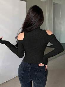 Dazy Designer Women's Stand Collar Cold Shoulder Long Sleeve T-Shirt