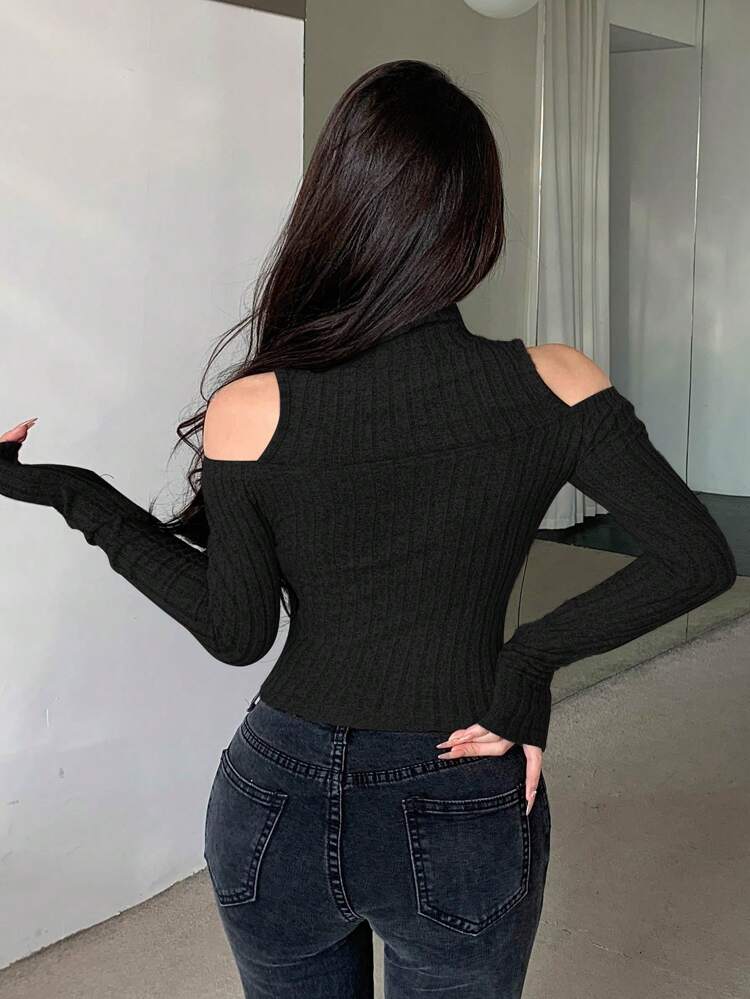 Women's Stand Collar Cold Shoulder Long Sleeve T-Shirt