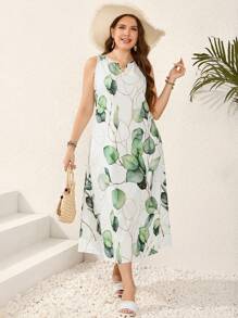 EMERY ROSE 大尺碼女士植物印花無袖裙 - 白色 - 查看 3