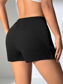 SHEIN PETITE Elastic Waist Front Slit Mini Skirt Shorts - Black - View 2