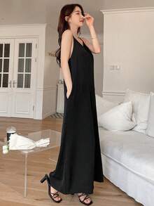 DAZY Của phụ nữ Màu thuần Lỏng lẻo phù hợp Áo liền quần ống rộng Với Dây đai - màu đen - Xem 4