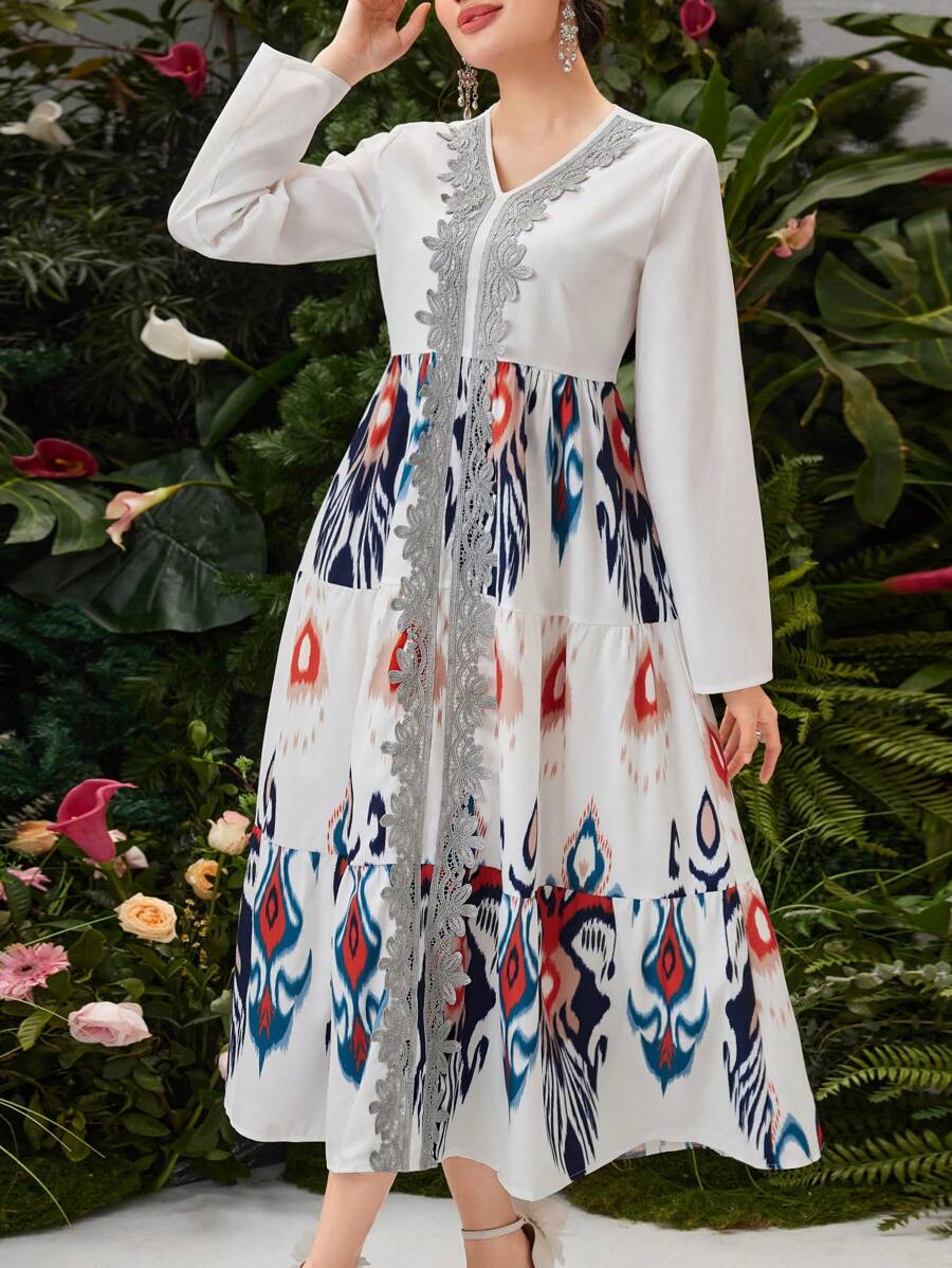 Al Najma Women's Embroidery Patchwork V-Neck Long Sleeve Dress Fall Cloth For Women - Multicolor - View 1