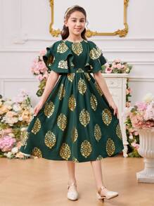 SHEIN Vestido Para Niñas Con Cuello Redondo Y Doble Capa De Manga Con Volantes Y Estampado Metálico