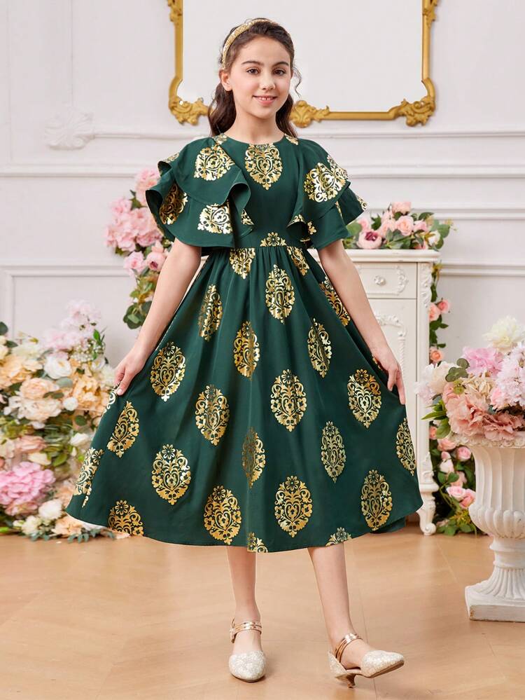Tween Girls' Round Neck Double Layer Ruffle Sleeve Metallic Printed Dress