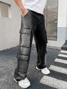 Manfinity EMRG Pantalones Cargo De Mezclilla Para Hombre Con Bolsillos - Gris - Ver 3