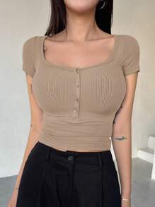 DAZY 女士有肋針織t恤,前半扣設計 - 卡其色 - 查看 4