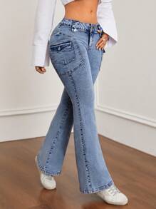 SHEIN ICON 休闲侧条纹工装口袋牛仔喇叭裤 - 淺色水洗藍 - 查看 5