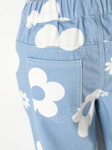 SHEIN Vaqueros De Mezclilla Lavada Suave Con Estampado De Flores Para Niñas Jóvenes