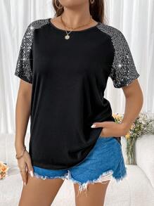 Flirla 大尺碼鑲嵌亮片圓領拉幾袖t卹 - 黑色 - 查看 3