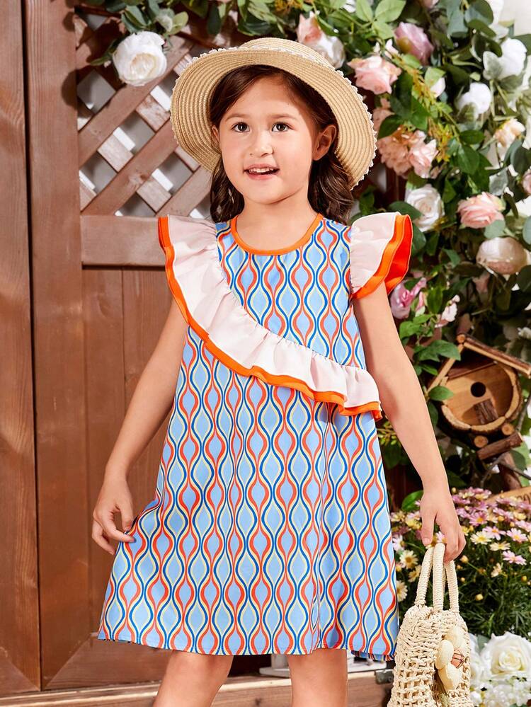Young Girl's Woven Geometric Printed Round Neck Loose Casual Dress With Ruffle Hem