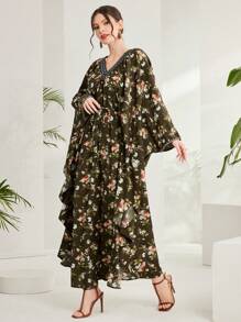 Al Najma Vestido De Manga Murciélago Con Estampado Floral - Verde - Ver 6