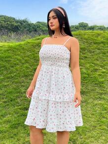 SHEIN Qutie Plus Size Women's Spring Floral Print Ruffled Cami Umbrella Dress - Multicolor - View 3
