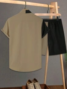 Manfinity Homme 男士撞色短袖衬衫短裤套装，色块，家庭搭配，度假，我爱我的男朋友，艺术衬衫