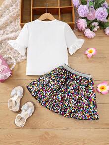 SHEIN Cô Gái Trẻ Hoạt hình In Vòng cổ Lỏng lẻo Áo thun Với Dệt Hạt Lỏng lẻo Váy Bộ - Nhiều màu - Xem 2