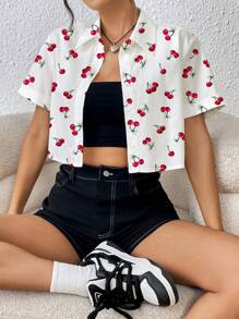 SHEIN Comfortcana Women'S Short Cherry Printed Crop Blouse,Short Sleeve Tops - White - View 3