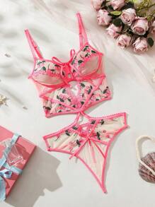 SHEIN Women's Sexy Floral Embroidered Front Lace-Up Bodysuit Lingerie