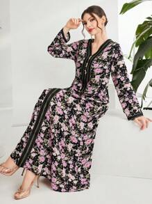 Al Najma 女士优雅花卉印花长袖连衣裙、朴素全长 Jalabiya 休闲长袖连衣裙 - 彩色 - 查看 1