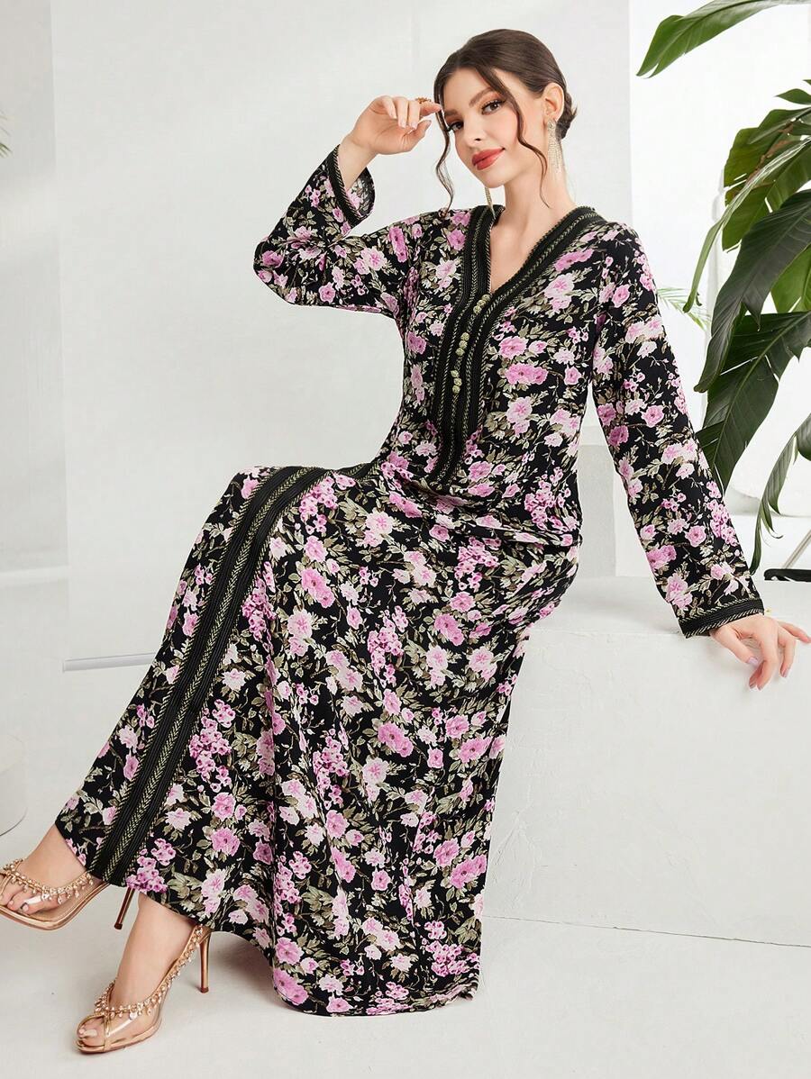 Al Najma 女士优雅花卉印花长袖连衣裙、朴素全长 Jalabiya 休闲长袖连衣裙 - 彩色 - 查看 1