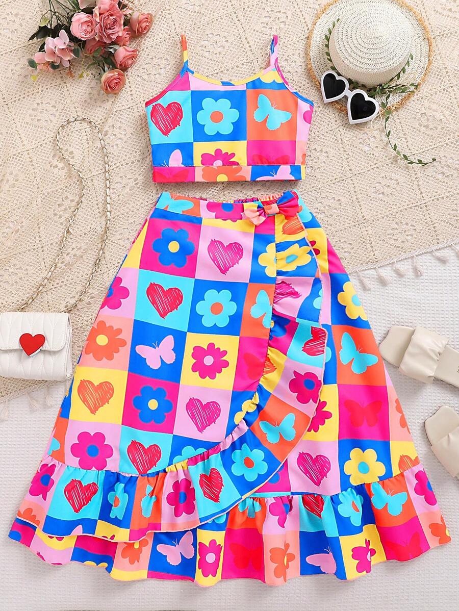 SHEIN Tween Girls' Plaid And Floral Patchwork Cami Top With Matching Skirt, 2pcs/Set - Multicolor - View 1