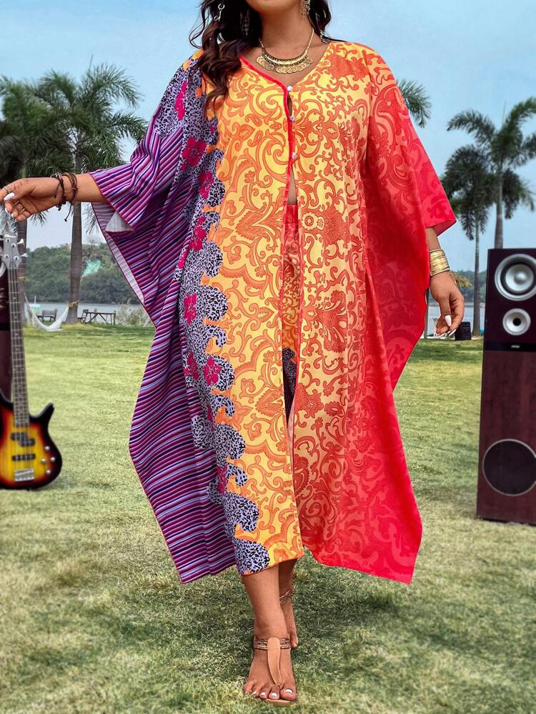 Plus Size Women's Loose Fit Printed Shirt And Shorts Set