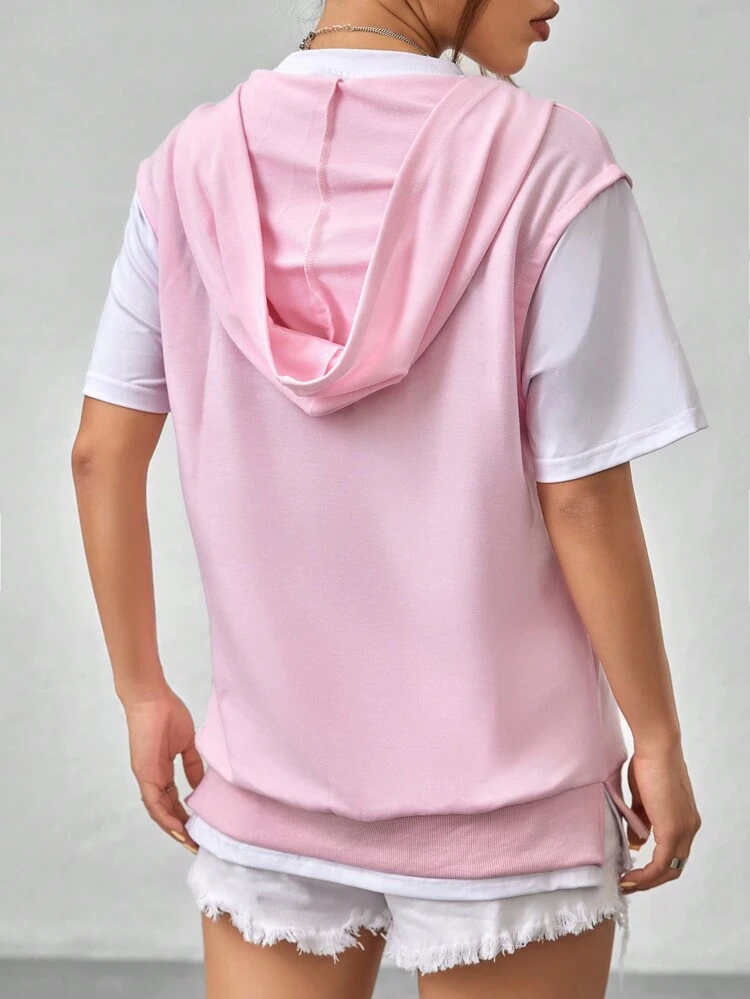 Color-Block Short Sleeve Hooded Sweatshirt Pullover Fall Sweatshirt