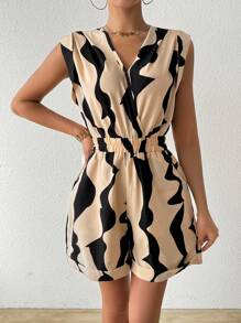 SHEIN LUNE Women's Geometric Printed High Waist Playsuit Shorts - Apricot - View 1