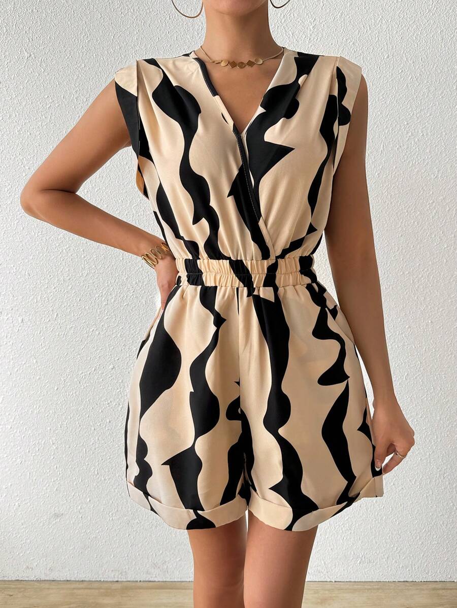 SHEIN LUNE Women's Geometric Printed High Waist Playsuit Shorts - Apricot - View 1