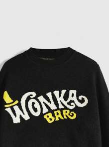 Willy Wonka and the Chocolate Factory X ROMWE Suéter De Ombro Caído Com Estampa De Letras - Preto - Visão 3