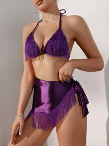 SHEIN Swim Conjunto de bikini con cuello de halter y flecos para mujer, para la playa de verano - Morado Violeta - Ver 3