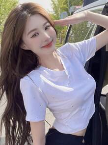 女士时尚水钻装饰短袖短款T恤，夏季 - 白色 - 查看 3