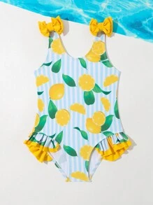 SHEIN Young Girls' Lemon Pattern One-Piece Swimsuit With Ruffle Trim And No Bound Edges - Multicolor - View 3